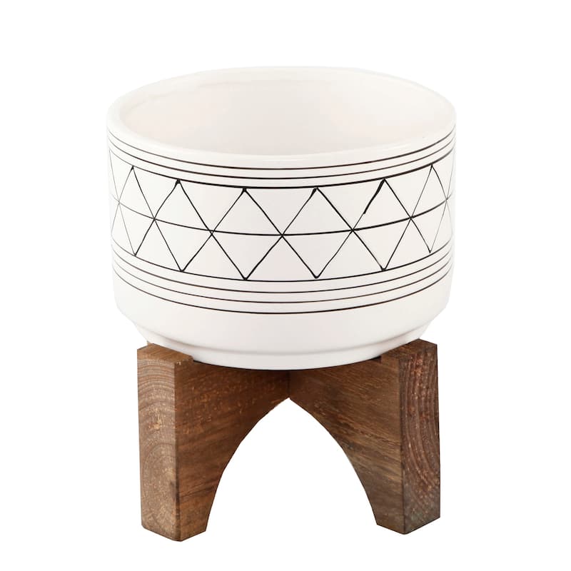 7" White Black Line Geo Ceramic On Stand