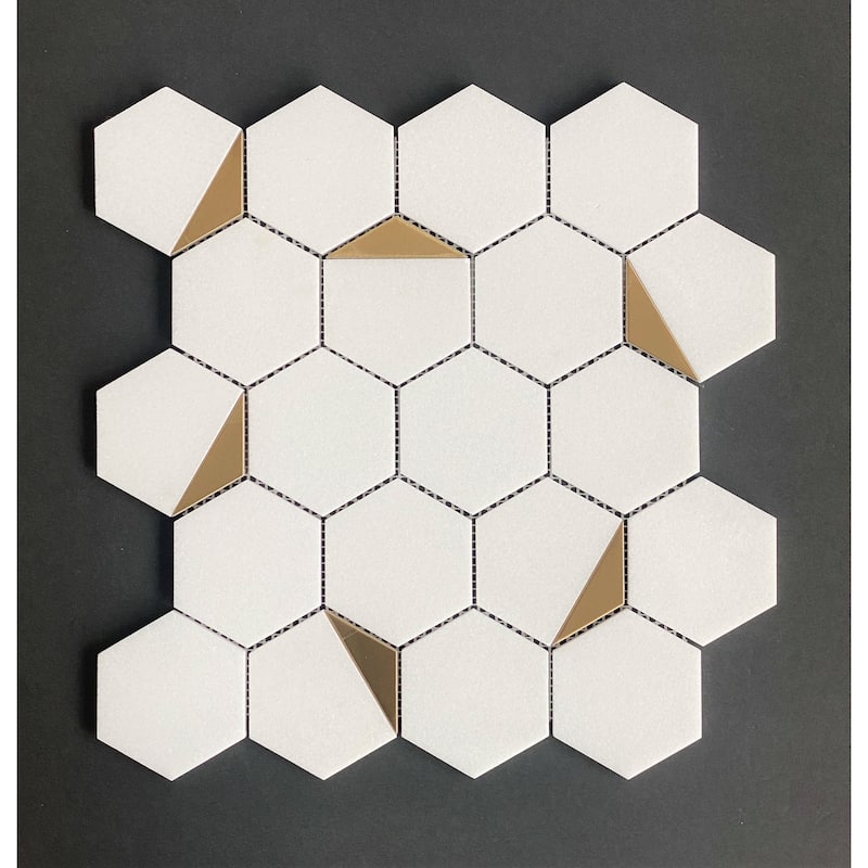 Thassos Whtie with Gold Metal 3" Hexagon Marble Wall and Floor Mosaic - Case (10 Sheets)