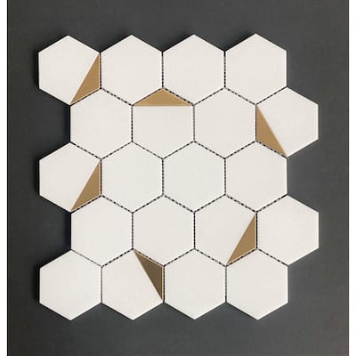 Thassos Whtie with Gold Metal 3" Hexagon Marble Wall and Floor Mosaic - Case (10 Sheets)