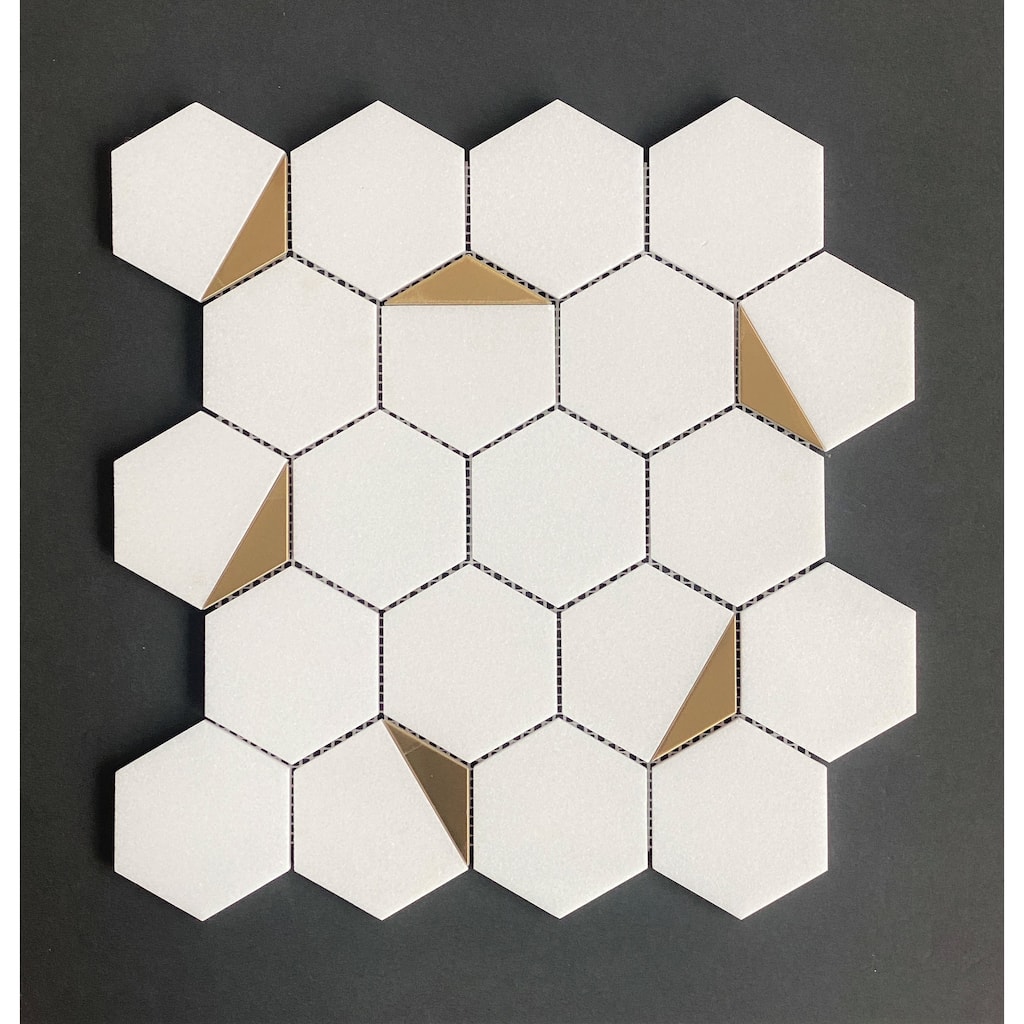 Thassos Whtie with Gold Metal 3" Hexagon Marble Wall and Floor Mosaic - Case (10 Sheets)