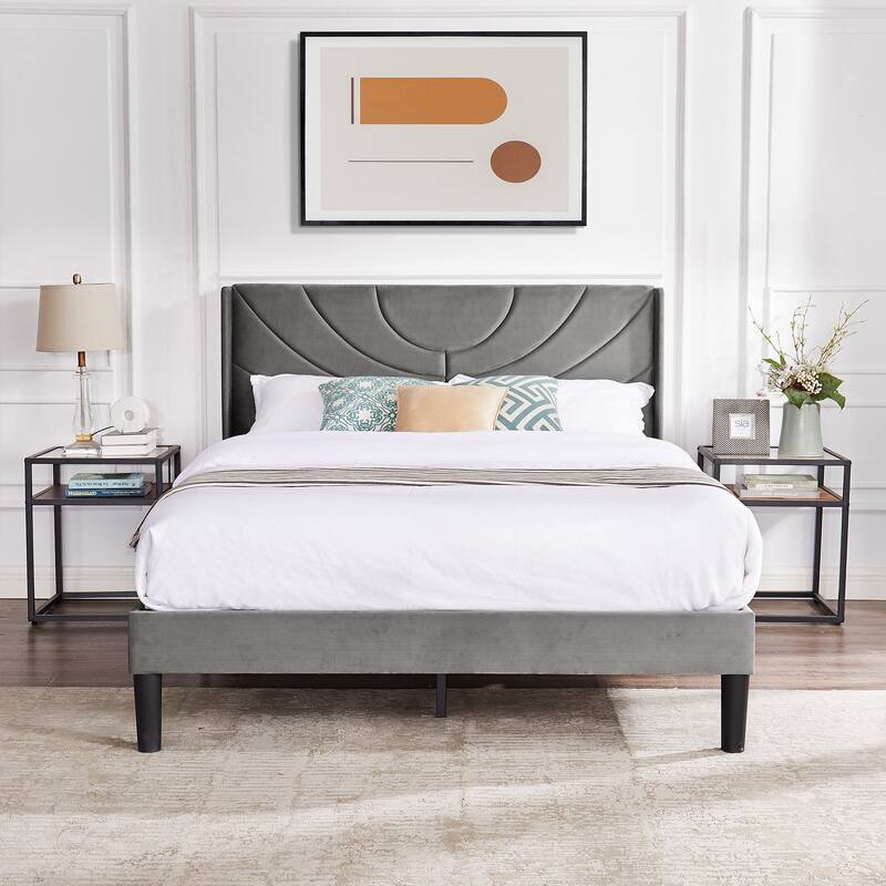 Javlergo Upholstered Platform Bed Frame with Modern Wingback Headboard, Dark Grey