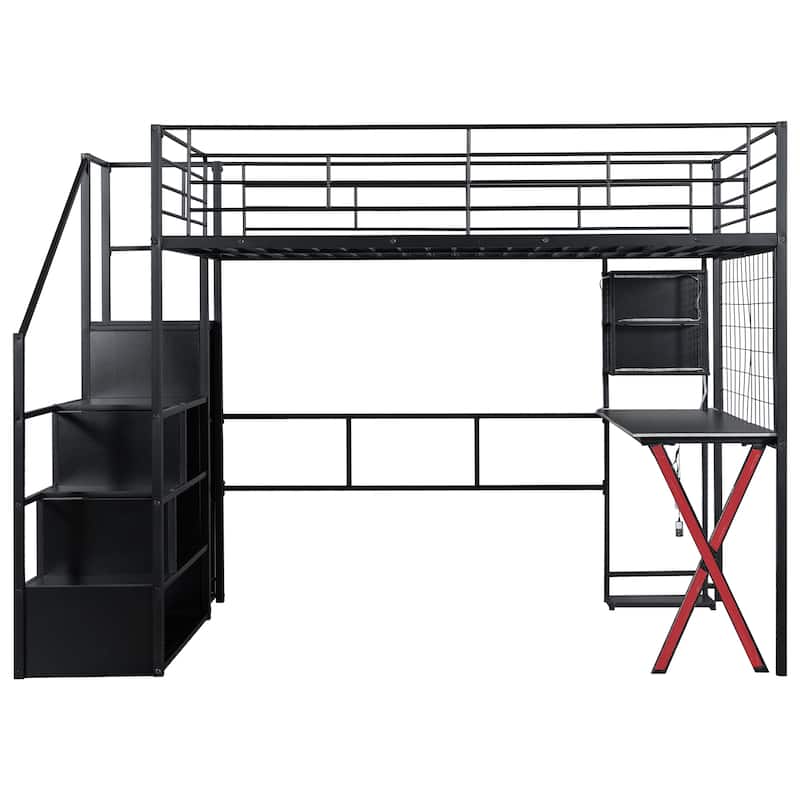 Full Size Metal Loft Bed With Built-In Work Station, Wardrobe, Storage Staircase And LED