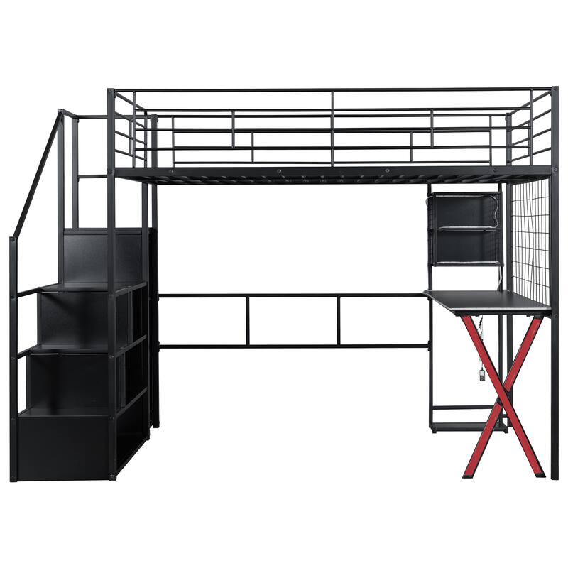 Metal High Loft Bed Frame with Guardrail, Full Size LED Loftbed with Built-in Work Station, Storage Staircase and Wardrobe