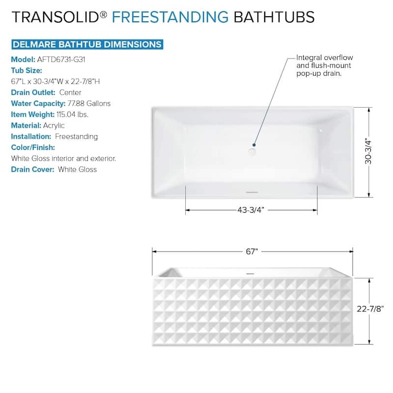 Transolid K-AFTD6731-G31 Delmare 67" Free Standing Acrylic Soaking Tub