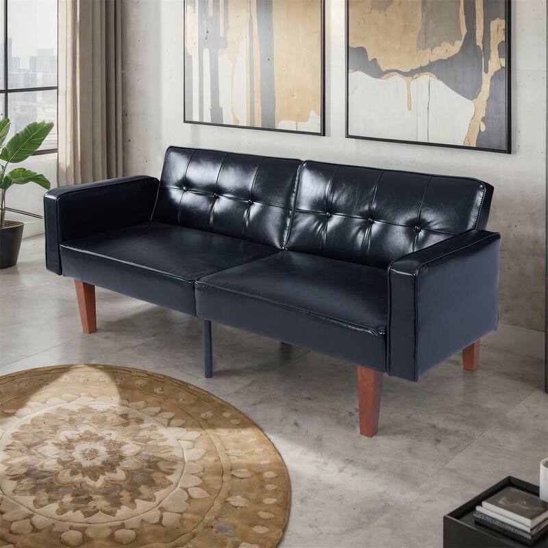 Convertible Sofa Bed Adjustable PU Leather Couch Sleeper Modern Recliner Reversible Loveseat Folding Daybed Guest Bed - Black