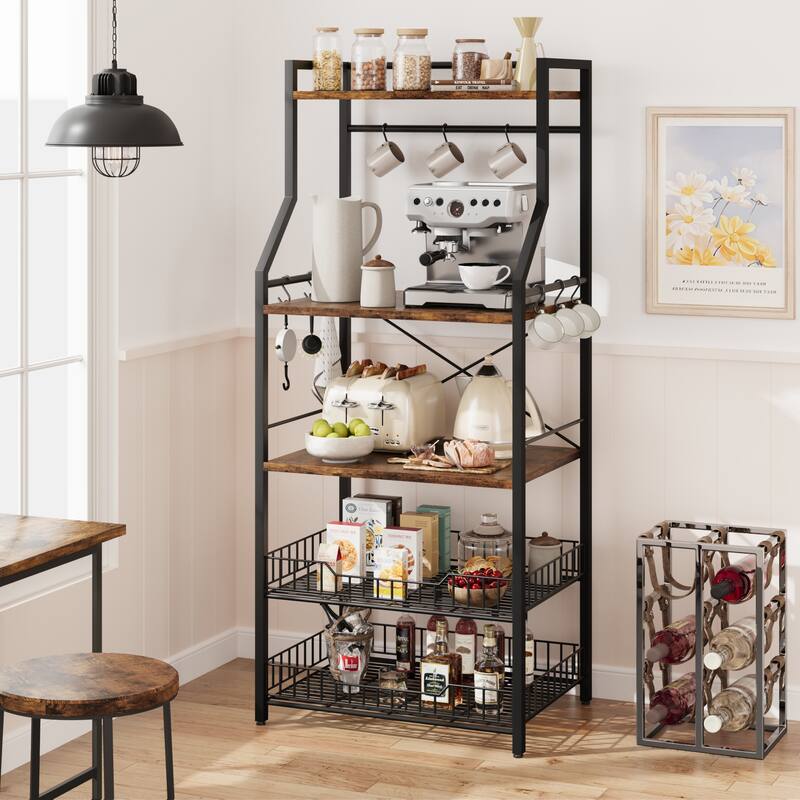 5-Tier Kitchen Bakers Rack Microwave Oven Stand with 2 Large Wire Basket - 15.7"D x 23.6"W x 50.7"H - Brown