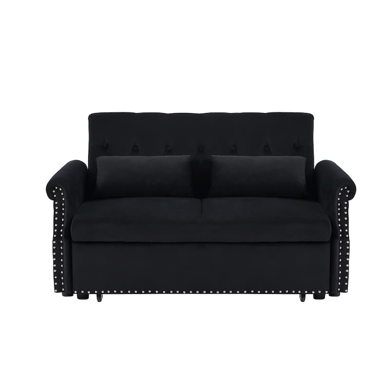Velvet Pull Out Loveseat Sofa Convertible Sleeper Loveseat Bed with 2 Pillows Rivet Arm Lounge Couch Tufted Sofa
