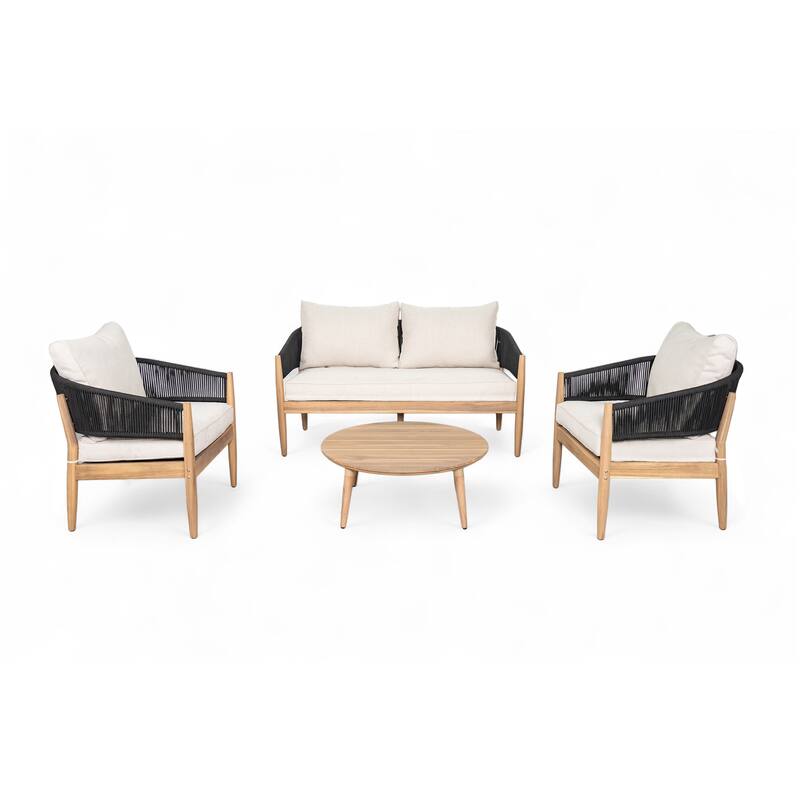 Roomfitters Outdoor Chat Set 4 Piece Acacia Wood Rope Woven Seating Cushioned - Beige,Black,Natural
