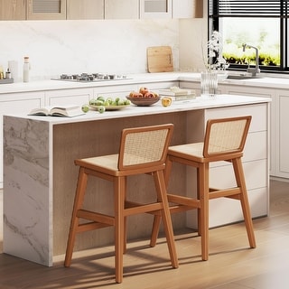 Rattan Bar Stools Set of 2, Mid-Century Modern 24 Inch Counter