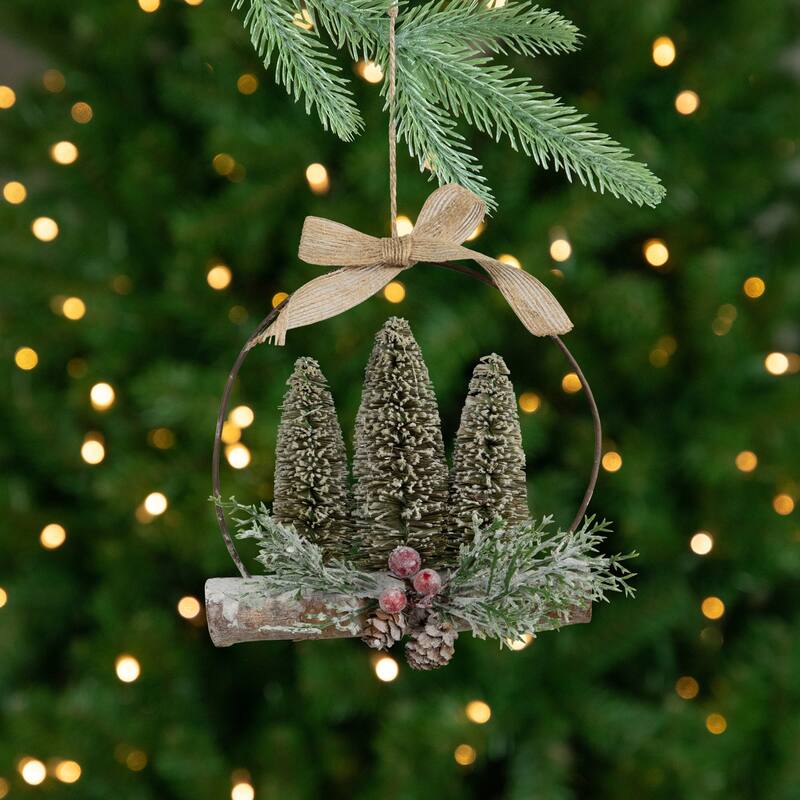 Flocked Bottle Brush Trees with Wooden Log Christmas Ornament - 7"