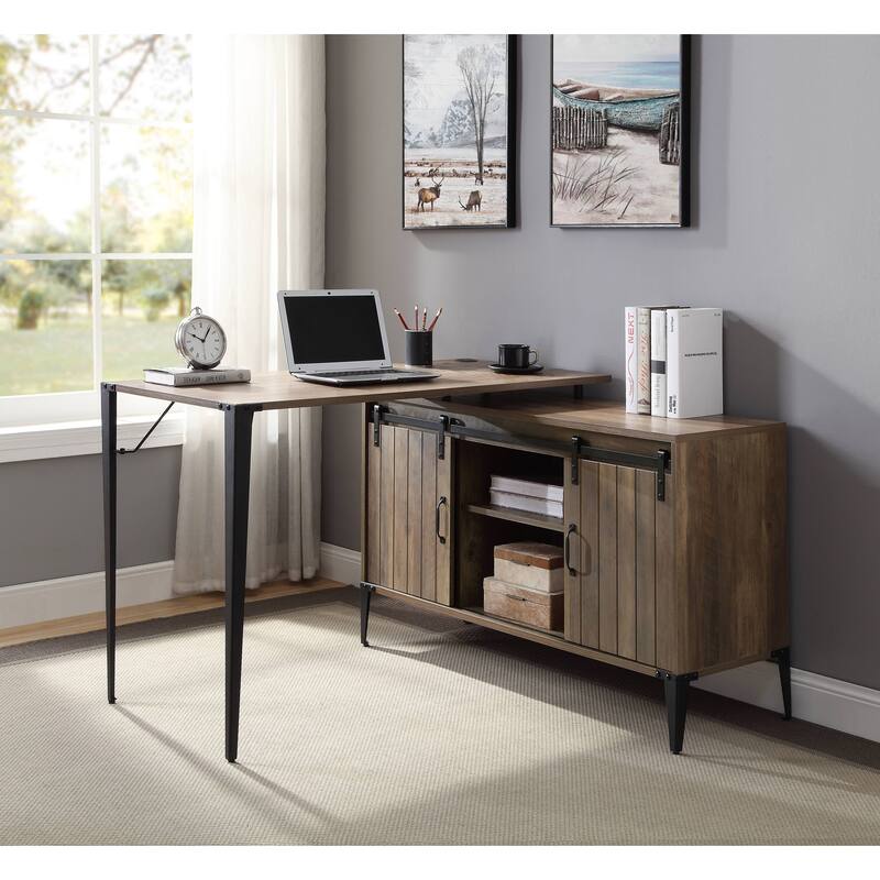 Stylish L-Shaped Writing Desk in Gray Oak & Black or Rustic Oak & Black, with Sliding Barn Door and Metal Legs - Oak