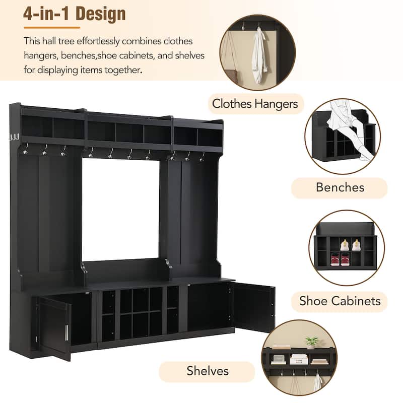 Wide Design Hall Tree with Storage and Bench, 4-IN-1 Multi-functional Entryway Bench with Coat Rack and Shoe Cubbies