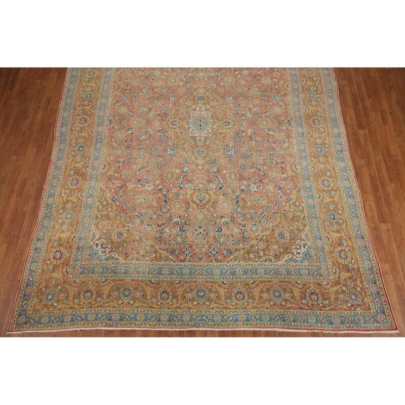 Hand Knotted Oriental 100% Wool Carpet Traditional Floral Pink Mashad Area Rug - 12' 9'' X 9' 4''