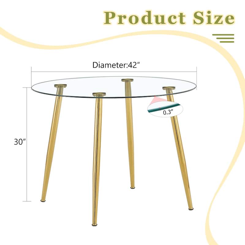Roomfitters Round Glass Dining Table with Gilded Metal Legs for Elegant Dining Living Room or Small Spaces, Transparent