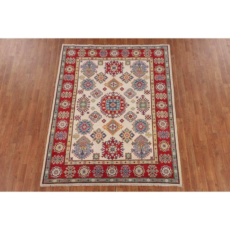 Geometric Ivory Kazak Oriental Area Rug Handmade Wool Carpet - 5'2" x 6'6"