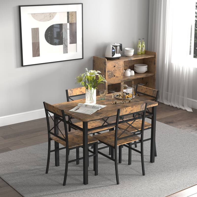 3-Piece Industrial Dining Table Set Breakfast Nook, Black Brown Kitchen Table Set with 2 Dining Chairs
