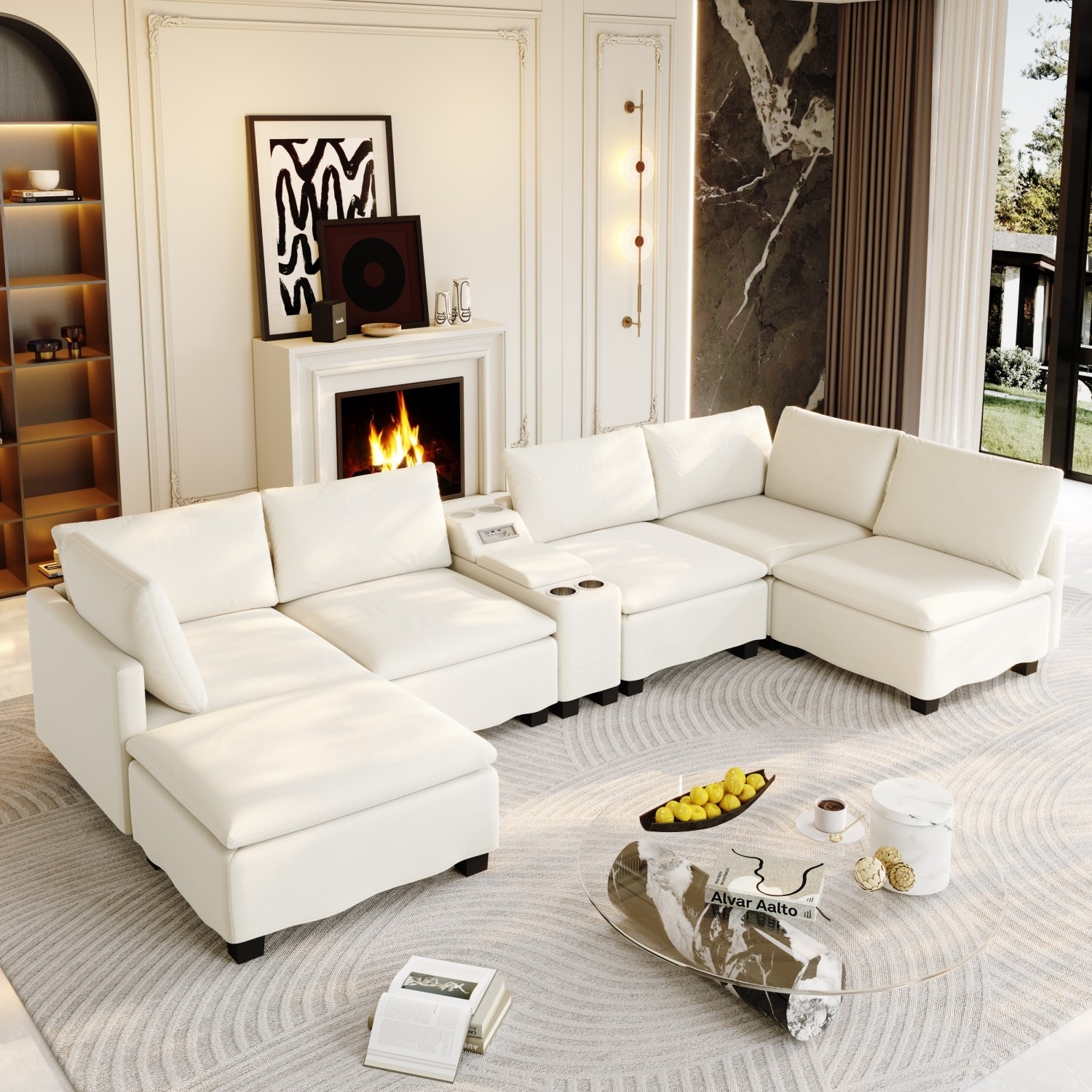 121.2" Modular Chenille U-Shaped Cloud Convertible Sectional Sofa Bed with Movable Ottoman