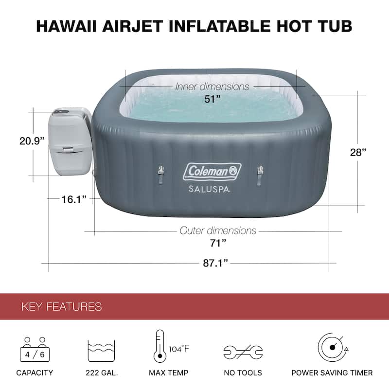Coleman SaluSpa AirJet 6 Person Inflatable Square Hot Tub with 114 Jets, Gray - 71in. X 71in. X 28in.