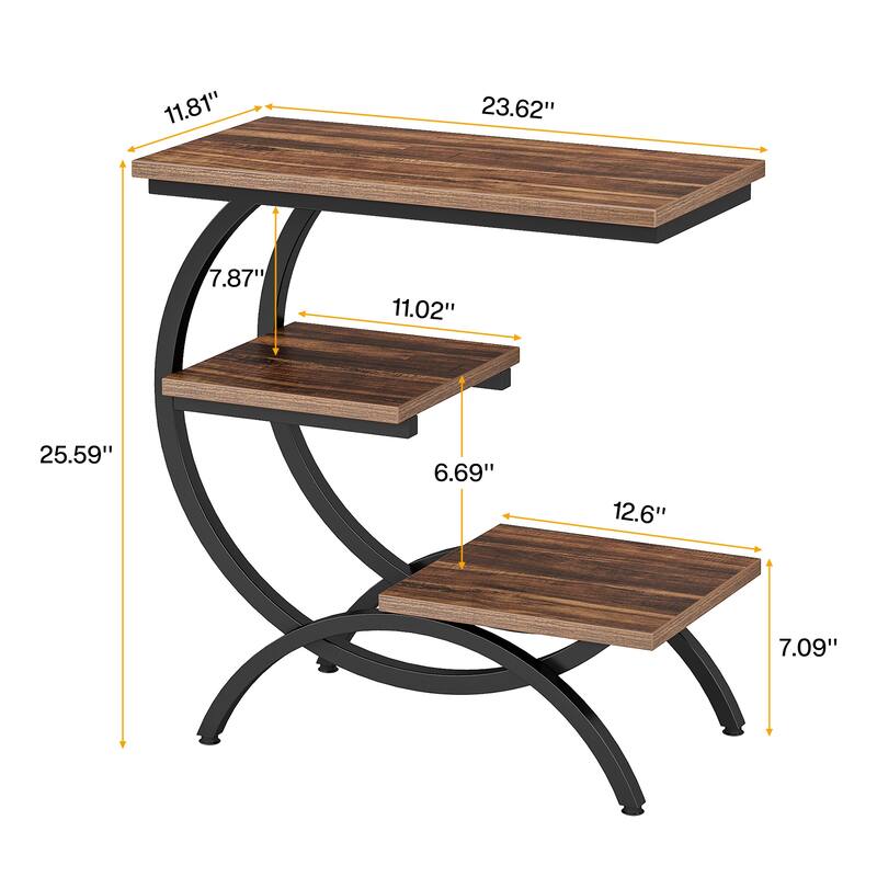 11.81 Inches C-Shaped End Table, 3-Tier Industrial Side Table with Storage Shelves, Small Snack Table for Couch, Bedside