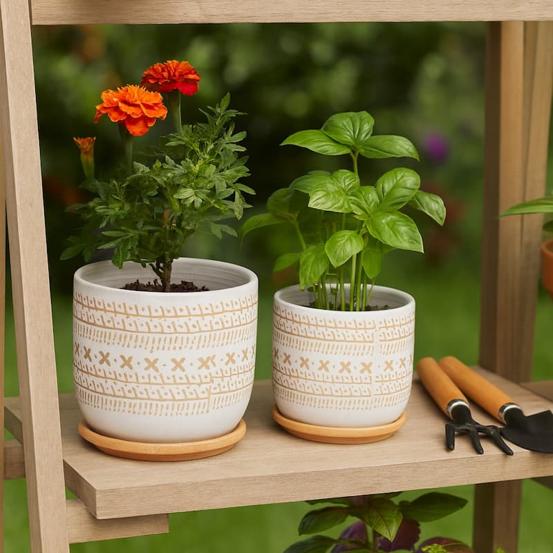 Decorative Round Ceramic Planter with Saucer - Set of 2