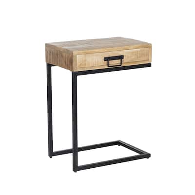 C-Shaped Mango Wood Side Table with Drawer, Metal Iron Base, Rustic Accent Table, 24" Tall, Assembled