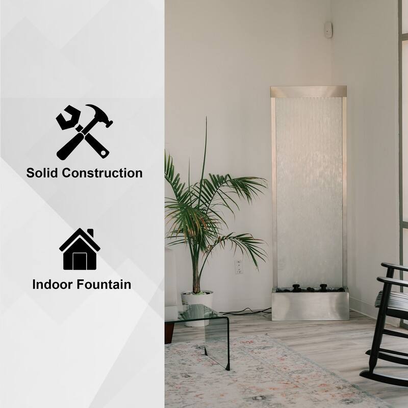 XBrand 72" Steel/Glass Free-Standing Waterfall Fountain w/ Pump, LED Lights and Rocks