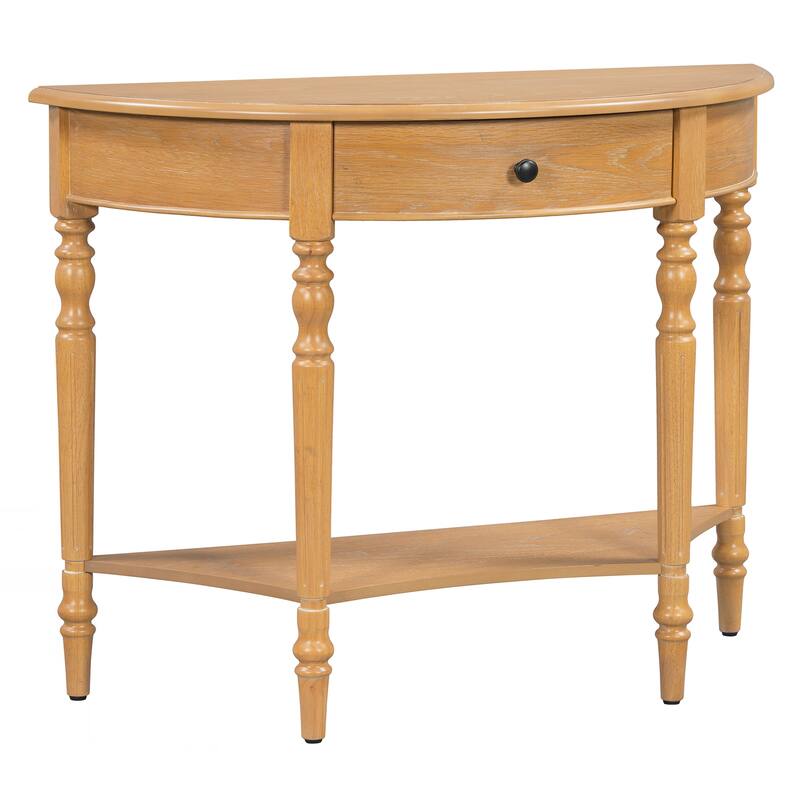 Farmhouse Half Moon Console Table with Drawer & Shelf - Rustic Accent Table