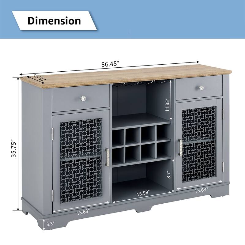 56''W Farmhouse Sideboard Buffet Bar Cabinet Modern Storage Cabinet with 2 Drawers & Glass Door - 56.46"W