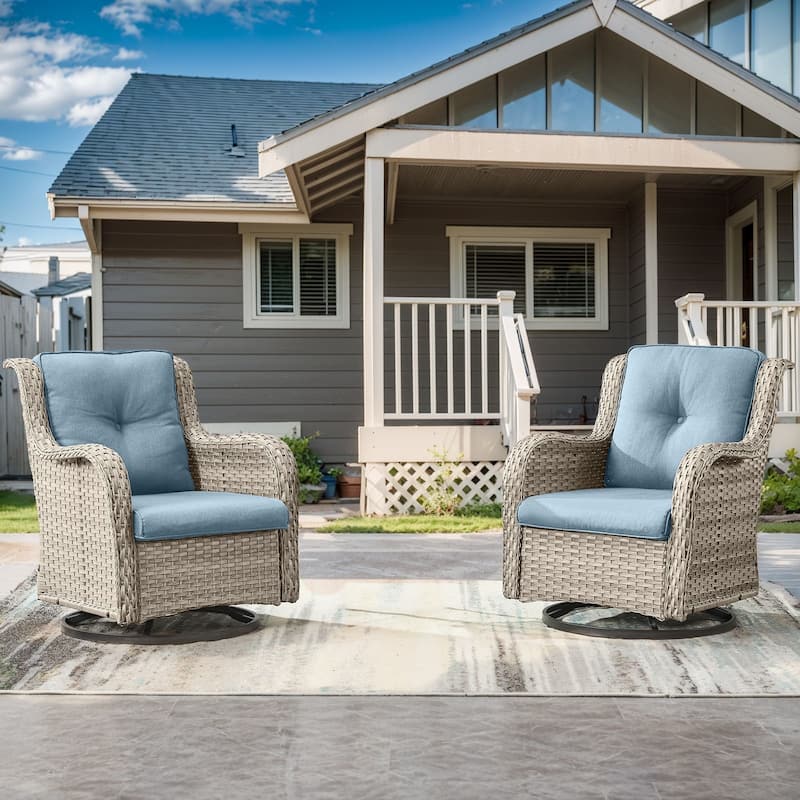 Outdoor Patio PE Wicker Swivel Chairs Set of 2 - Light Grey - Baby Blue - Light Grey