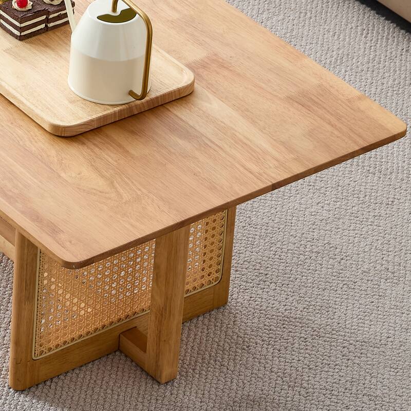 Chinese Log Rattan Coffee Table, Rectangular Solid Wood Coffee Table Small Family living Room Tea Table