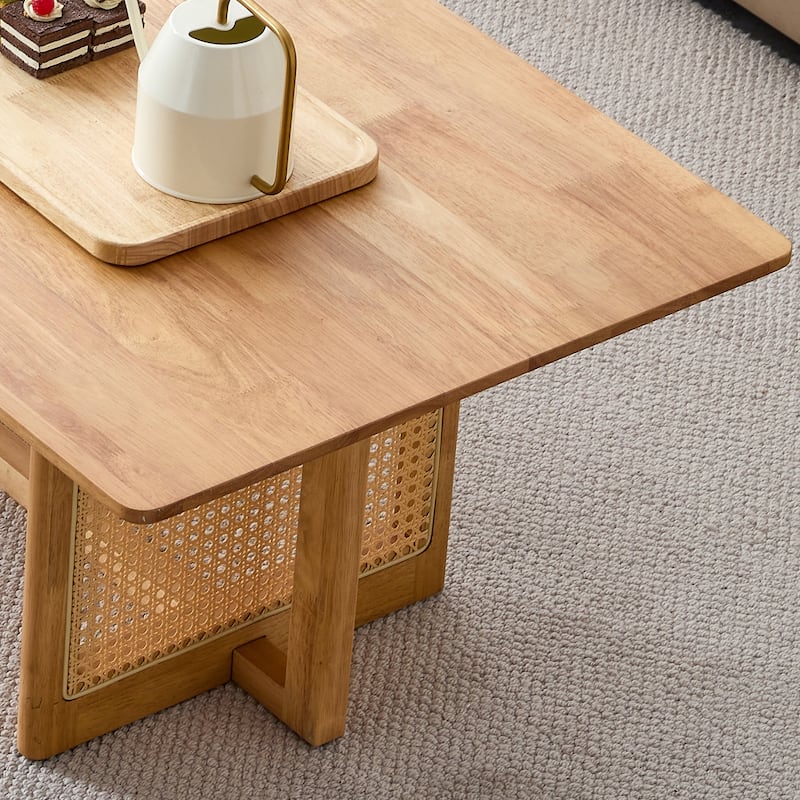 Chinese-Style Log Wind Rectangular Tea Table – Solid Wood Coffee Table with Woven Rattan Design for Compact Living Rooms