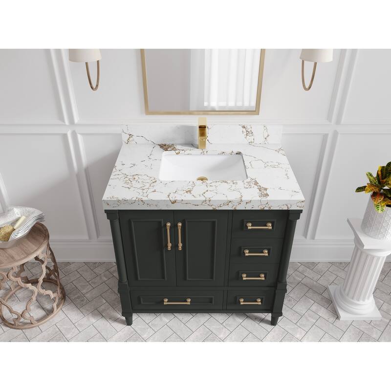 Willow Collections 36 in. W x 22 in. D Aberdeen Center Sink Left Bathroom Vanity with Countertop - 2" Viola Gold - Black Top