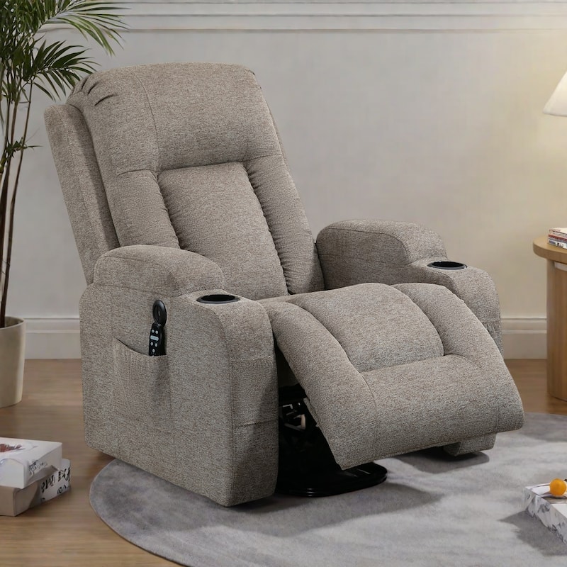 Power Lift Recliner Chair with Massage, Lumbar Heat, USB Charging Port, and Cup Holders - Brown Fabric