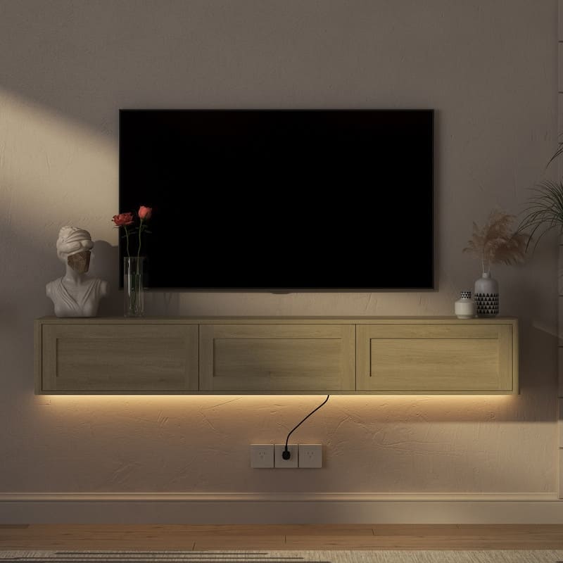 Floating 68" Wall Mounted TV Stand for TVs up to 75", Media Console Table with LED Lights and Power Outlet
