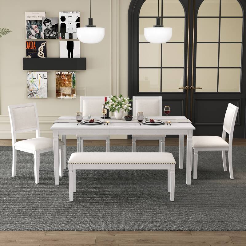Roomfitters Extendable Rectangular Dining Table, 4 Upholstered Seats, Long Bench, 6-Piece Farmhouse Set