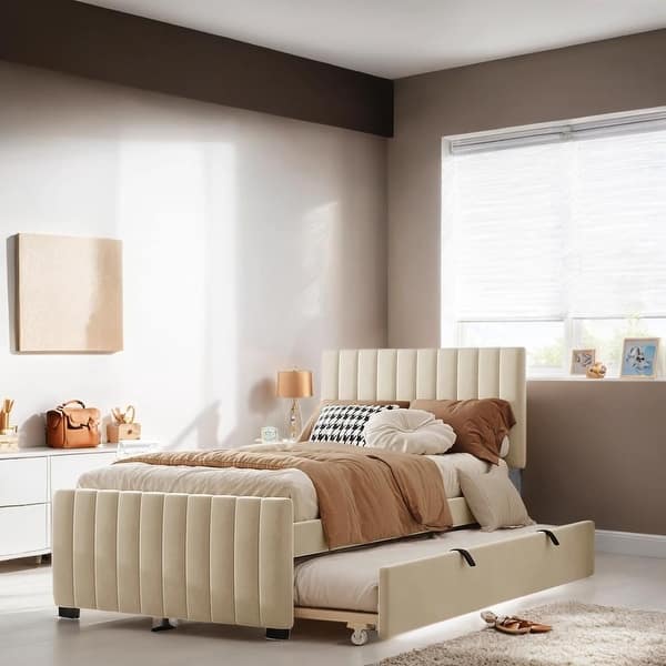 slide 2 of 11, Twin Size Velvet Platform Bed with Pull-out Cord Twin Size Trundle, Upholstered Bed with Wooden Support Legs, Beige Soft Beige