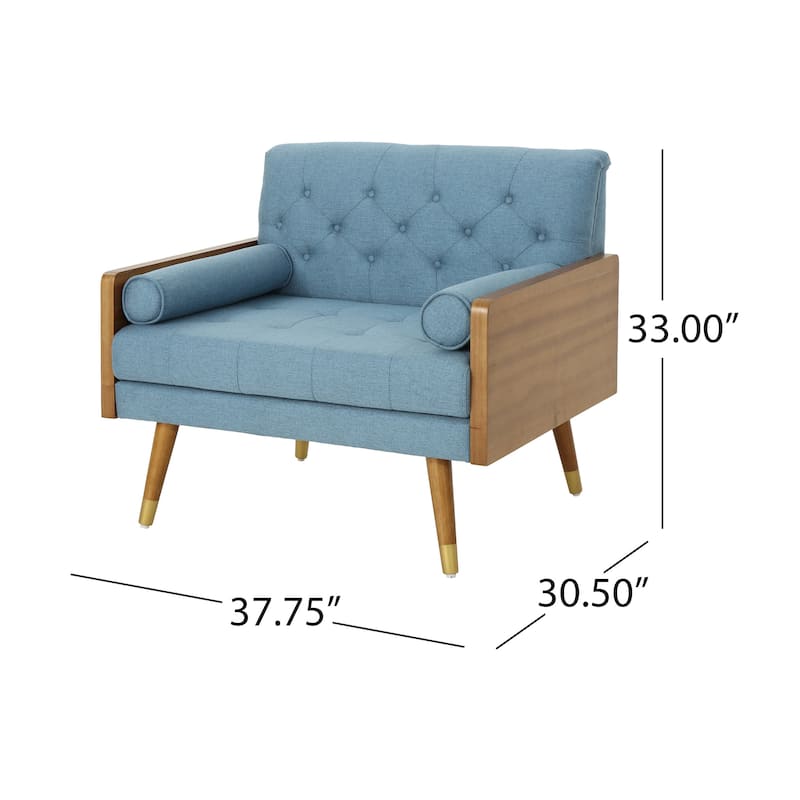 Blue Modern 37.75" Upholstered Button Tufted Club Chair with Rolled Accent Pillows and Wood Frame