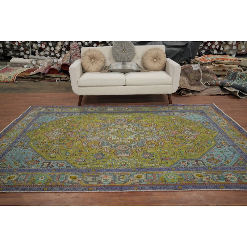 Hand Knotted Oriental 100% Wool Carpet Traditional Floral Green Tabriz Area Rug - 9' 5'' X 6' 4''
