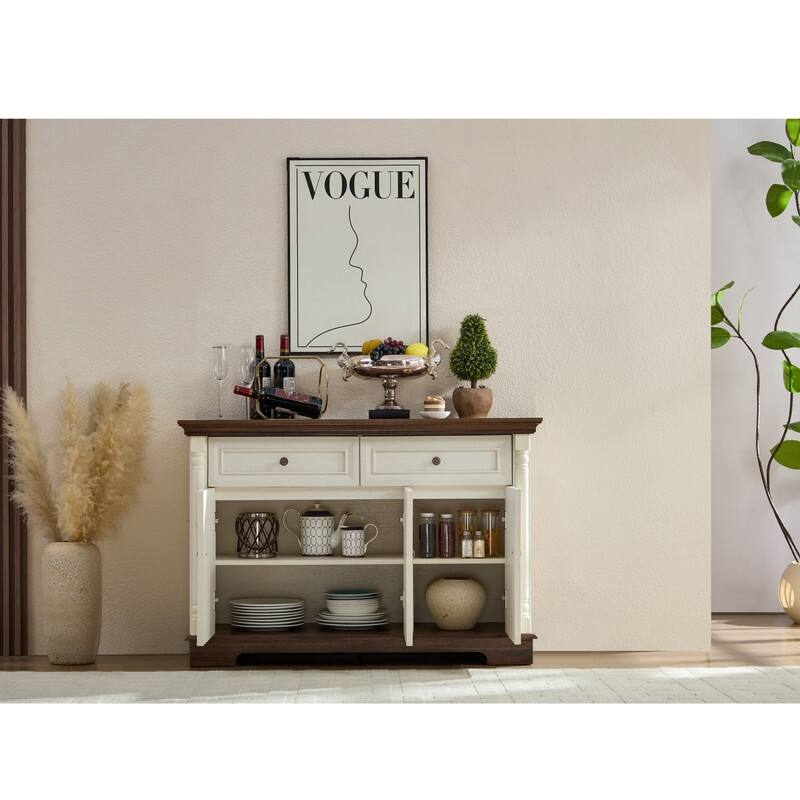 Farmhouse Roman Column Cabinet‌ – Wooden Storage Unit with Drawers & Doors, Coffee Bar & Wine Cooler for Kitchen or Hallway