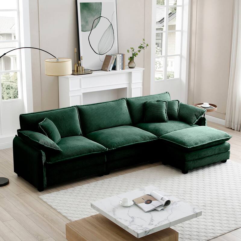 4-piece Corduroy Upholstered L-Shaped Modular Sectional Sofa with Removable Ottoman, 5 Pillows, and Free Combination - Green