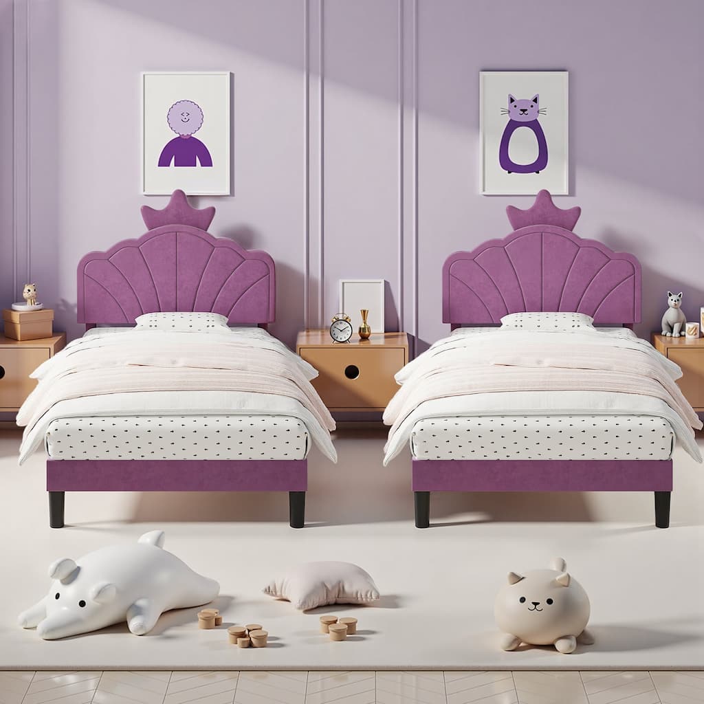 Javlergo 2-Piece Purple Twin Bed Frame for Kids Wavy Headboard with Crown Design Adjustable Height No Box Spring Required