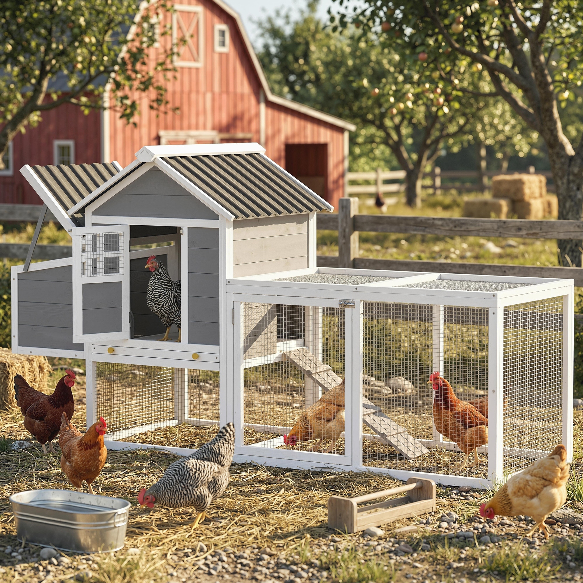 PawHut Gray 82" Large Outdoor Wooden Chicken Coop House with Tray