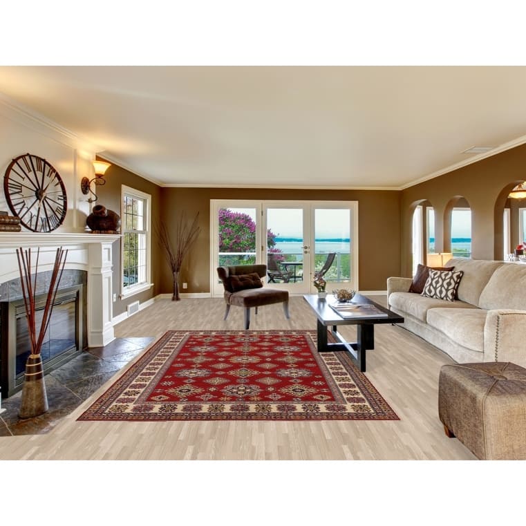 Geometric Kazak Area Rug Hand-Knotted Oriental Red Wool Carpet - 6'6" x 9'11"