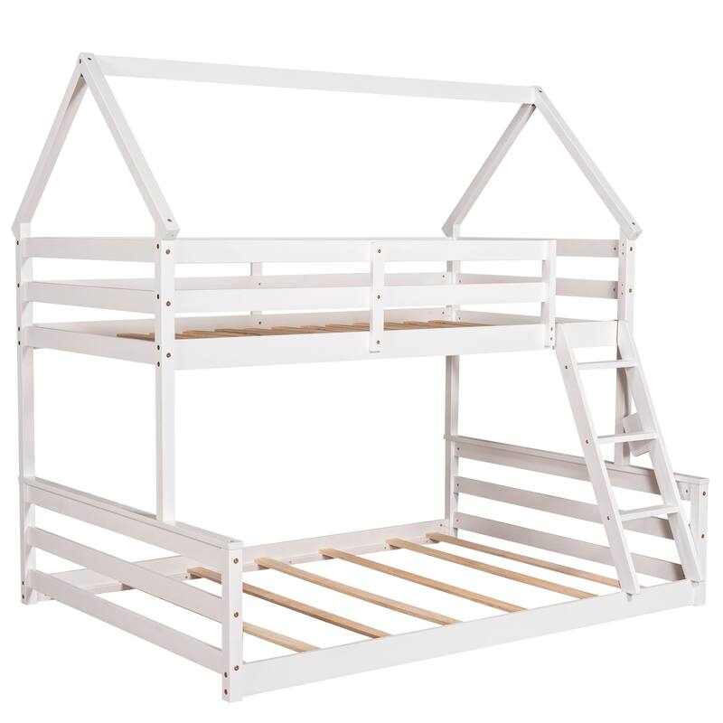 Roomfitters Twin Over Full House Bunk Bed with Built-In Ladder, Playhouse Roof