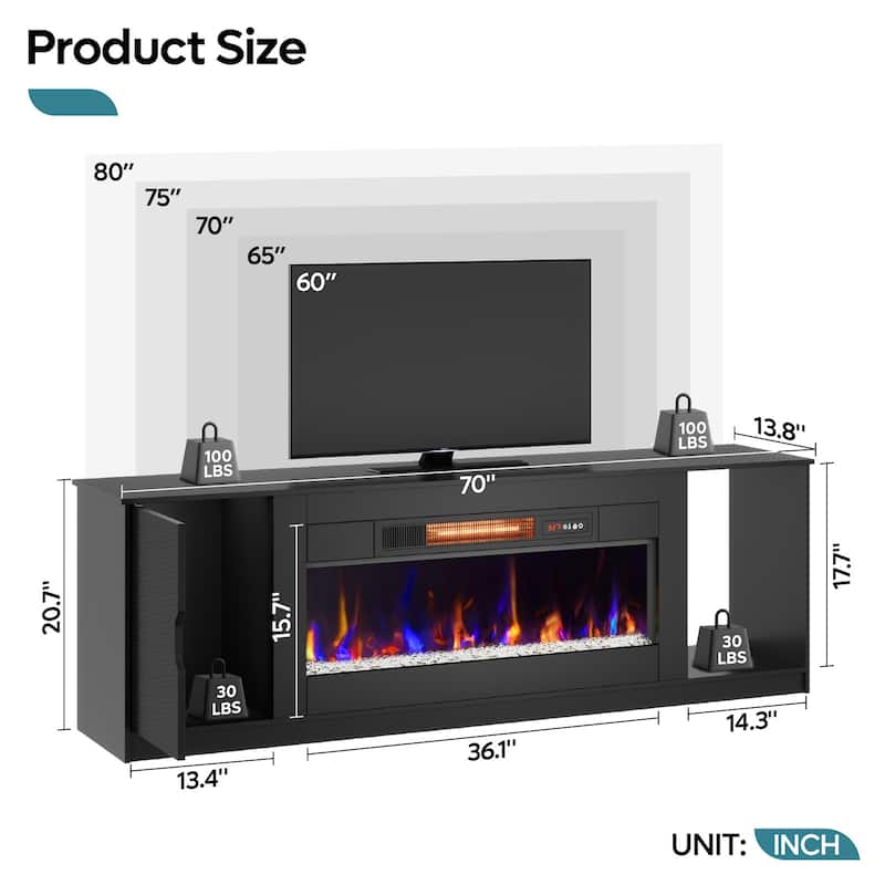Bestier 70" TV Stand with 36" Electric Fireplace, Modern Led Electirc Fireplace TV Stand fits TV up to 80" with Storage Cabinet