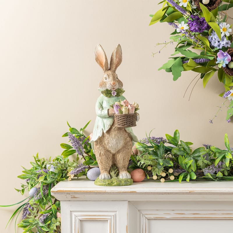 Glitzhome Easter Resin Bunny Boy Girl Table Decor with Flower Rabbit Figurine Ornaments