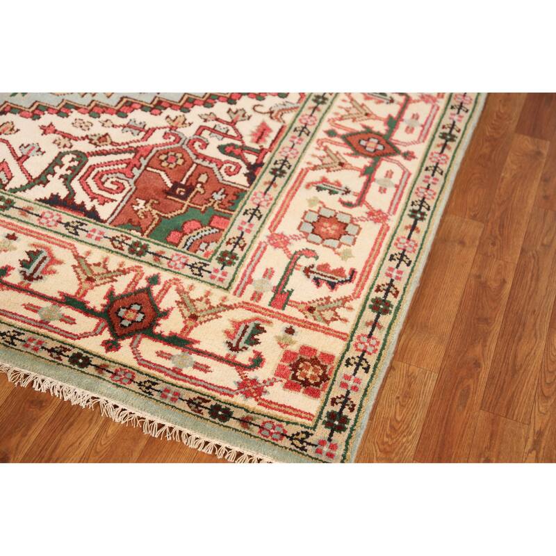Light Blue Medallion Heriz Serapi Indian Rug Hand-Knotted Wool Carpet - 7'11" x 9'10"