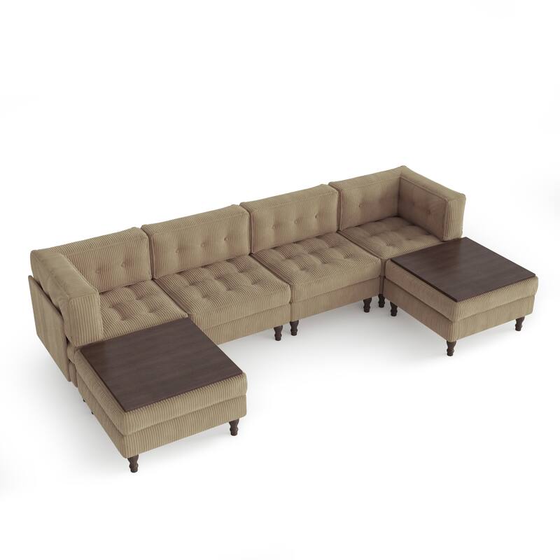 130"W Corduroy Upholstered Modular Sectional Sofa with Storage Ottoman