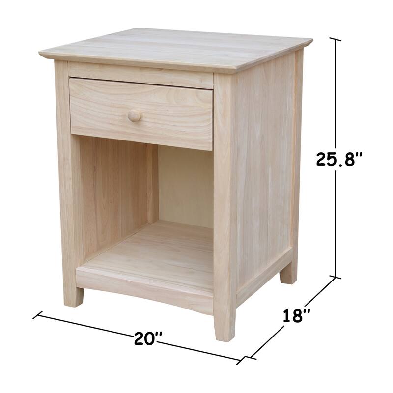 International Concepts Solid Wood 1-Drawer Nightstand, Unfinished Bedside Table with Open Shelf and 15.3" Deep Drawer