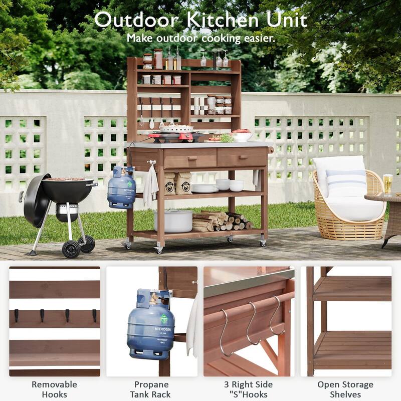 64.9"H Outdoor Potting Table with Lockable Wheels,Solid Wood Kitchen Island with Upper Hutch,Stainless Steel Top,Towel Rack